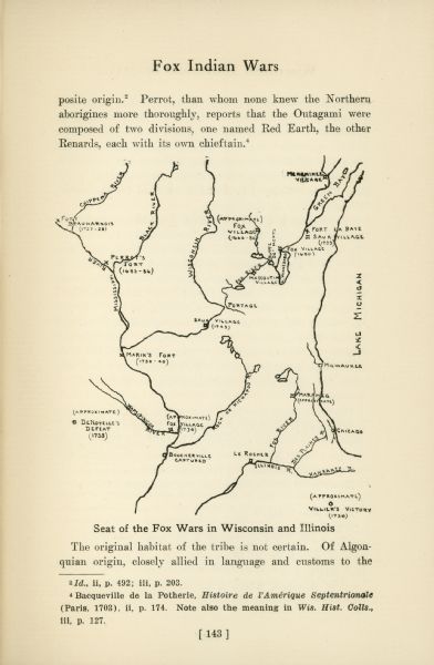 Hand-drawn map of the location of the Fox Indian Wars.
