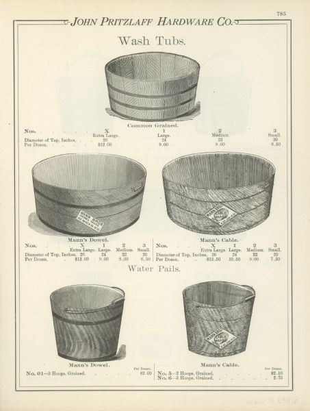 Hardware catalog page showing wooden wash tubs and water pails.