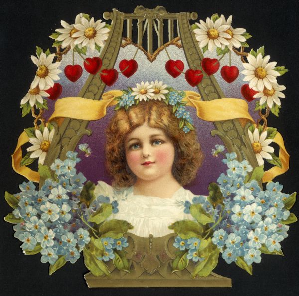 Valentine card with a girl framed with a metallic gold harp decorated with ribbons, hearts and flowers. She is wearing a white dress and has flowers in her hair. Chromolithograph, embossed and die cut.