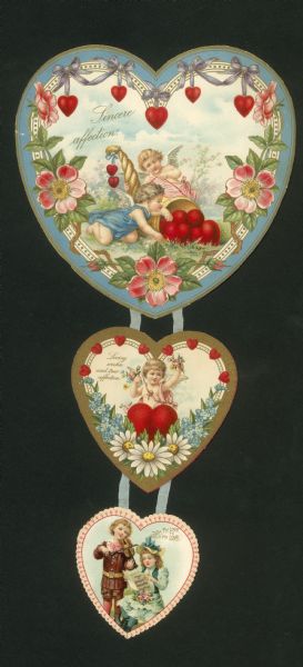 Valentine's Day card with three hearts attached by ribbons. The top heart contains two cherubs with a cornucopia full of hearts. It has a gold, blue and white border decorated with flowers, ribbons and hearts. The text reads: "Sincere affection." The middle heart contains one cherub holding flowers. It has a gold border decorated with flowers. The text reads: "Loving wishes and true affection." The bottom heart contains a boy playing a violin and a girl holding a song book and singing. He is wearing a brown suit and she is wearing a blue dress and hat. The text reads: "With My Love, To My Love." Chromolithograph, embossed and die cut.