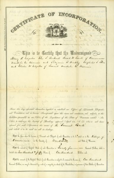 Front page of the Certificate of Incorporation for the Summit Bank in Oconomowoc.