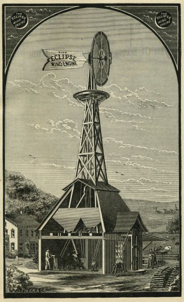 Engraving of a farm with an Eclipse windmill. There is a cutaway view of the building beneath showing a man inside working at a saw. Another man is working at a saw behind the structure. Cows are grazing in a field nearby.