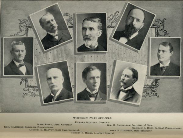 Composite photograph of eight Wisconsin State officers with a decorative background.