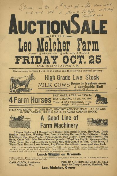 Broadside advertising an auction on the Leo Melcher farm. Items for sale included livestock, feed and crops, farm machinery, and household items including a pool table.