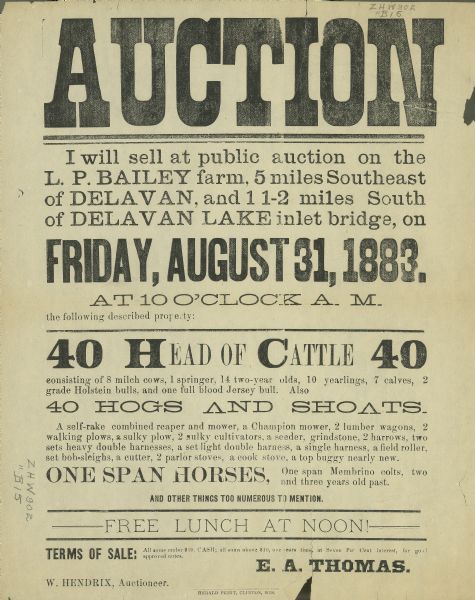 Broadside advertising an auction at the L.P. Bailey farm near Delavan. Sale included cattle, horses and hogs.