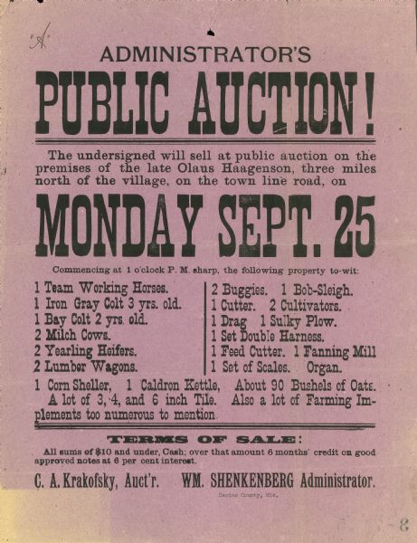 Broadside advertising a public auction at the estate of Olaus Haagenson.