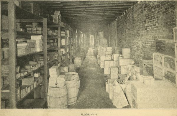 Interior of (Floor No. 6) The F. Dohmen Company Wholesale Druggists. A salesman's catalog with removable screwed bindings and pages of note paper bound between catalog pages . (One of 13 halftones of the company's exterior and interior images included in catalog.)