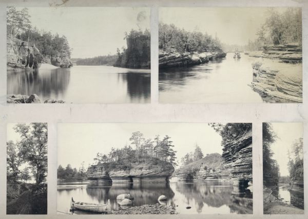 A composite of five photographs taken in and around the Wisconsin Dells, including a photograph of an excursion boat on the river, a canoe beached on the shore, wooded areas, and many rock formations that can be found near the river.