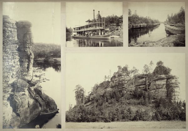 A composite of photographs from various places in the Wisconsin Dells. The picture along the left is of a rock formation high above two women in a canoe in the water below; the photograph in the top middle is of an excursion boat (the <i>Apollo No. 1</i>) with passengers and crew aboard; the photograph on the top far right is of rock formations on either side of a narrow passage of the Dells; and the last photograph, on the bottom right, is of a rock formation with a grassy area below and trees and shrubs growing out from the rocks.