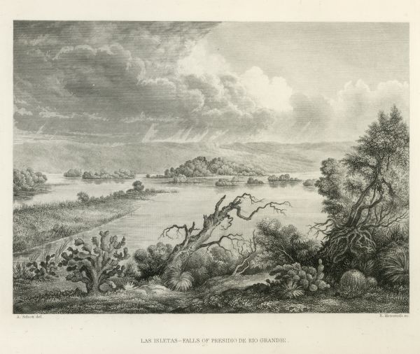 An etching showing the landscape and vegetation around the Rio Grande.