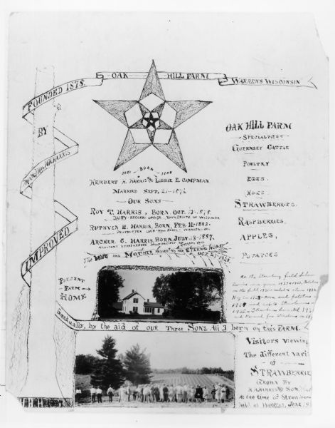 A hand-drawn poster, including a star design and two photographs, advertising Oak Hill Farm, founded by Mr. and Mrs. H.H. Harris.