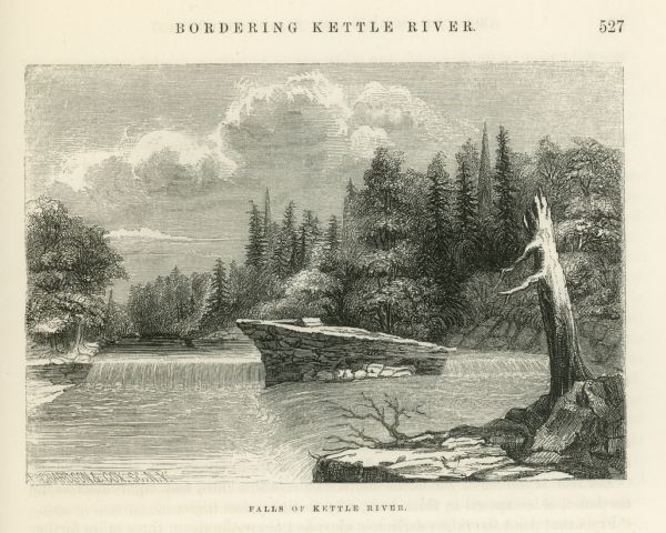 Depiction of the fall of Kettle River including a rock formation in the river and surrounding landscape filled with trees.