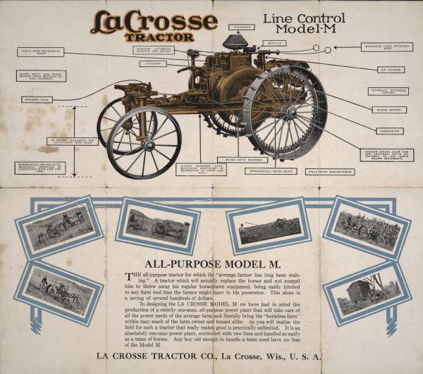 Advertisement for La Crosse Tractor (Line Control Model M) featuring color illustration of tractor.