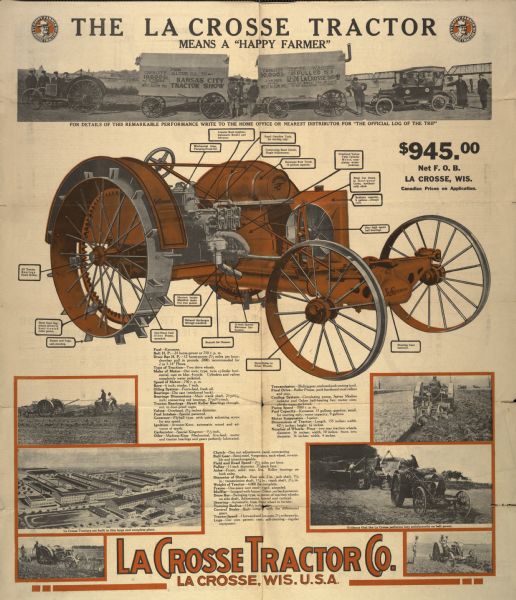 The La Crosse Tractor Advertisement with schematic. A photograph at the top shows men with tractors and wagons advertising the "Kansas City Tractor Show." There are also insets including an aerial view of the factory where the tractors are built, and men using tractors in the field. Color illustration of tractor also included.