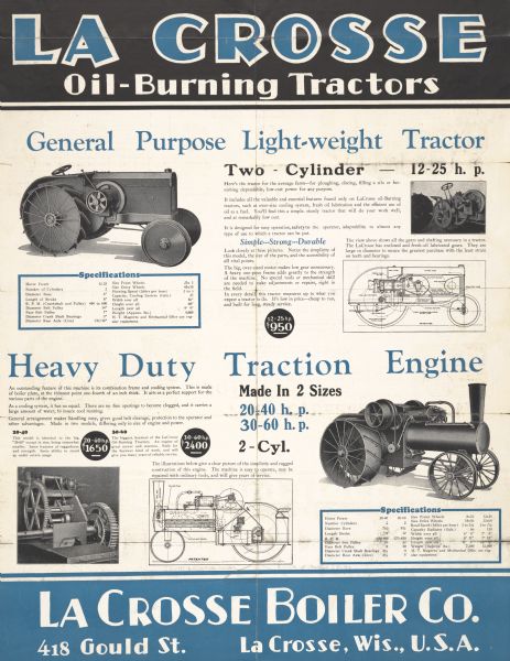 Advertisement for La Crosse Oil Burning Tractors, produced by La Crosse Boiler Company, 418 Gould Street, La Crosse, Wisconsin.