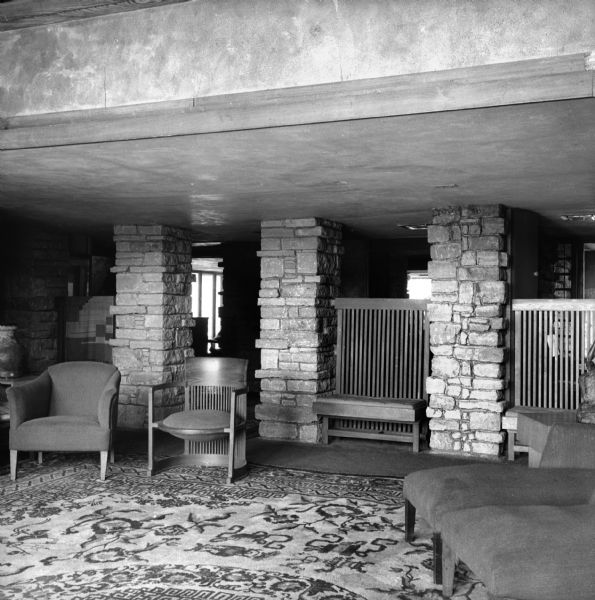 View from the Loggia into the hallway and a portion of the garden Room at Taliesin, the summer home of Frank Lloyd Wright.  The room includes several pieces of Wright designed furniture. Taliesin is located in the vicinity of Spring Green, Wisconsin.