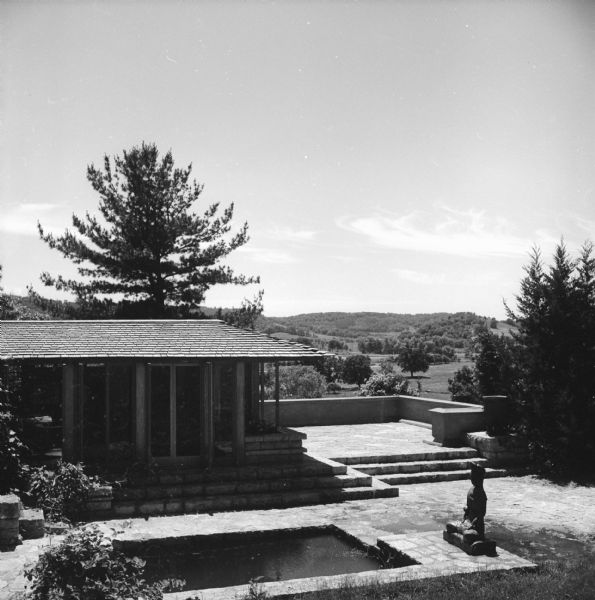 Exterior of Frank Lloyd Wright's bedroom and terrace, looking southeast, at Taliesin, the summer home of Frank Lloyd Wright. Taliesin is located in the vicinity of Spring Green, Wisconsin.