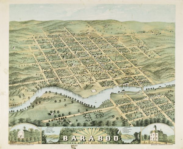 Baraboo was first settled around 1838, and by 1870 it had become the county seat and the thriving village illustrated here. This birds eye drawing depicts street names and street layouts, houses, trees, and a river. A reference key at the bottom of the map shows the location of the city's court house, county jail, high school, district school, Troting Park, and Baraboo's specific denominational churches (Baptist, Congregational, Methodist, Presbyterian, and Unitarian). At the bottom left of the map is an inset street-view drawing of the city's Court House, and at the bottom right of the map is an inset street-view drawing of the city's high school.