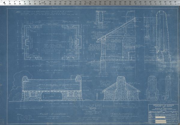 Blueprint showing the details for stone shelter in Devil's Lake State Park.