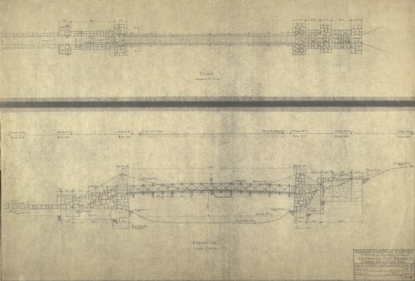 Page 1 of detailed blueprints for the suspension footbridge in  Copper Falls State Park.