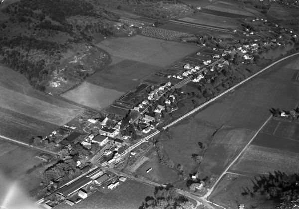 Aerial view of Cross Plains, including residences and the surrounding countryside.