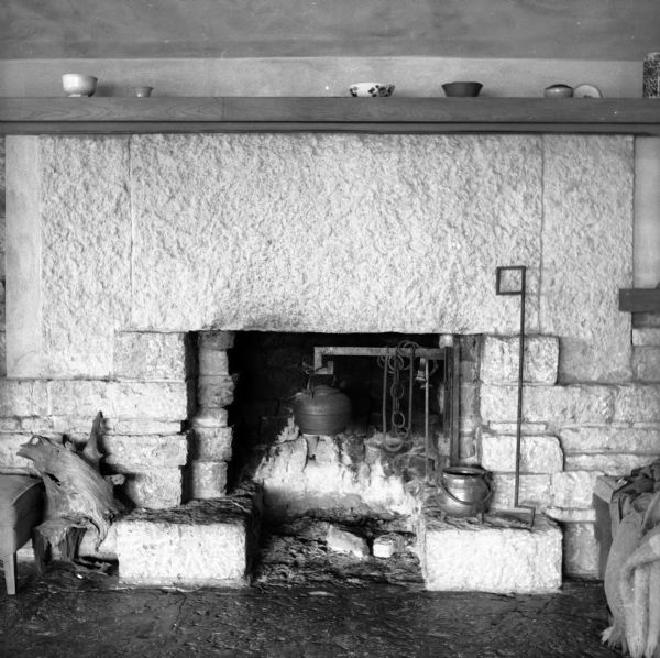 Fireplace in the living room of Taliesin, the summer home of architect Frank Lloyd Wright. Taliesin is located in the vicinity of Spring Green, Wisconsin.