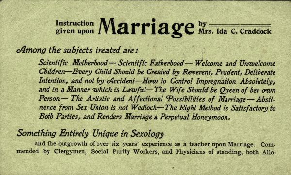 Front side of Ida Craddock's business card regarding her Marriage Instruction business.