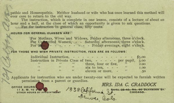 Back side of Ida Craddock's business card entitled "Instructions given upon Marriage."