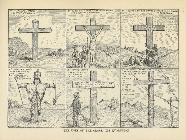 An illustration from the <i>Freethinkers Pictorial Text Book</i> of the evolution of uses of the cross, from a heathen phallic symbol to a Christian symbol to a pole for electric wires.