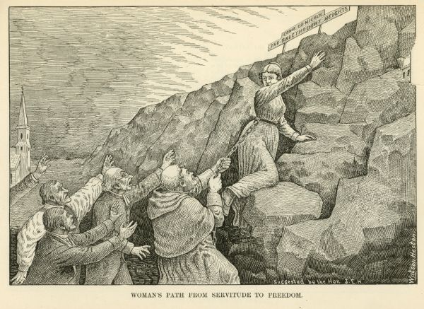 Illustration from the <i>Freethinkers Pictorial Text Book</i> of a woman climbing a steep, rocky slope to a sign that reads "Come Up Higher / The Free Thought Heights." There is a chain around her waist which is being held by a man below her. Other men are reaching up to her.