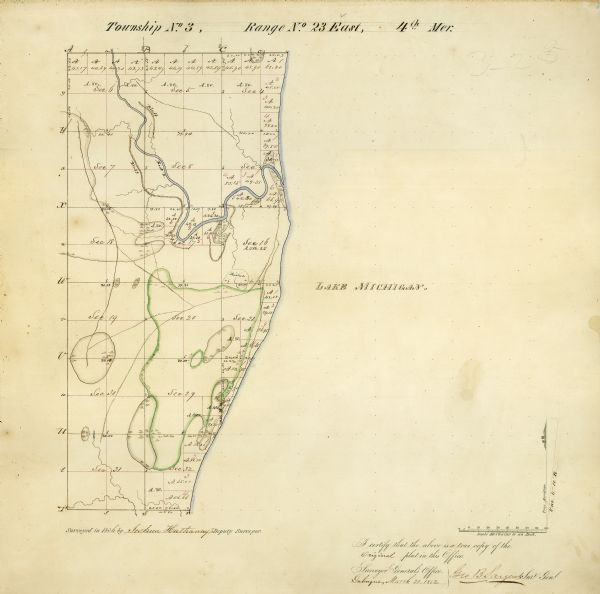 Surveyors map showing the Root River and Lake Michigan.