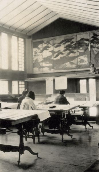 View of the drafting room at Taliesin, taken sometime after the fire in 1914. This view shows the raised ceiling and a large Japanese print from Wright's collection. Taliesin is located in the vicinity of Spring Green, Wisconsin.