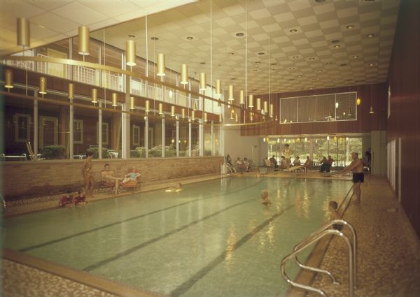 Swimming pool at Uphoff's Motel, with windows to street and lobby.