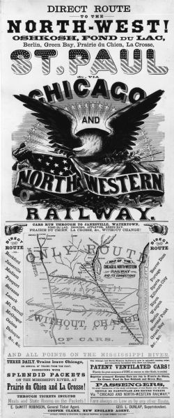 Poster advertising Chicago & Northwestern Railway featuring a map of the route, and an image of an eagle with a banner in its beak and an American flag.