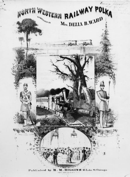 Sheet music cover for the song "North Western Railway Polka." Images on the page include two trains, two soldiers, and a crowd in a ballroom.