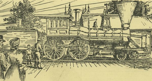 Chicago, Milwaukee, and St. Paul railroad locomotive no. 1, the <i>Menomonee</i> at a station with four people standing nearby.