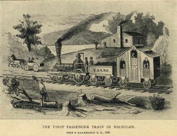 Locomotive with coal car and one passenger car passing through rural landscape. People wave from a log cabin and a horse-drawn vehicle in the background and a man cutting down trees in a field waves in the foreground.