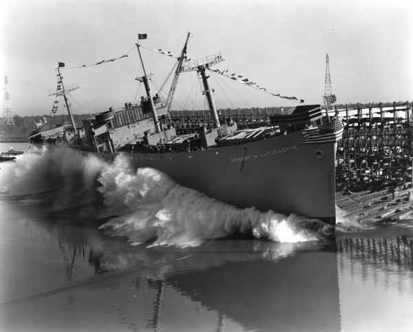 S.S. <i>Robert M. La Follette</i> splashing into the Industrial Canal at its launch.
