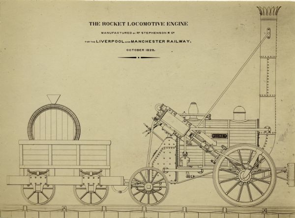 Schematic drawing of the Rocket Locomotive Engine of 1829 made by R. Stephenson and Company, Engineers, Newcastle-upon-Tyne.
