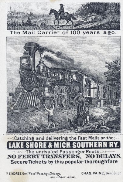 Railroad advertising card showing a mail carrier on horseback on a plank road in 1776, and mail being delivered by train in 1876. A woman with two children and a dog watch the train pass in the lower image.