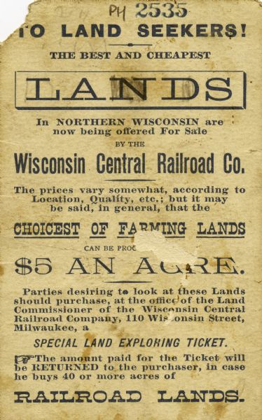 Advertising card for Wisconsin Central Railroad land for sale at $5 an acre.
