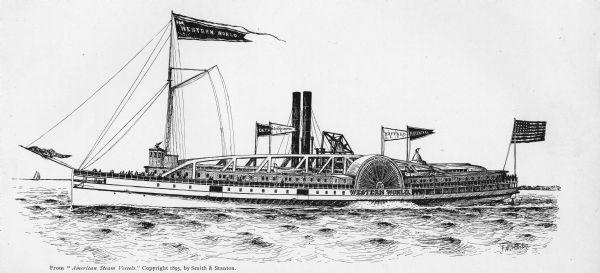 Drawing of the steamboat <i>Western World</i>. Several people stand on the deck. An American flag and flags reading Detroit, Michigan Central, Buffalo, N.Y. Central, and Western World fly on the ship.