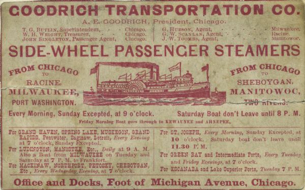 Advertising card for Goodrich Transportation Company listing destinations and departure times. In the center of the advertisement is a drawing of a sidewheel steamer.