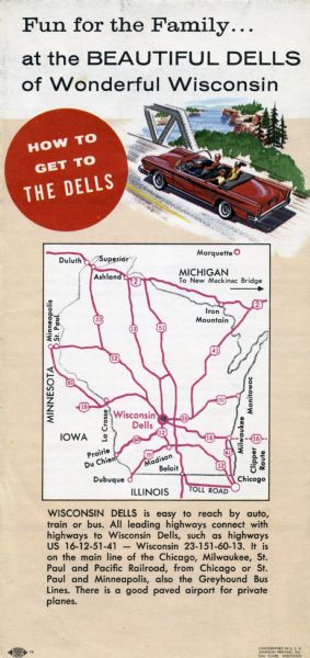 Back fold of a Wisconsin Dells promotional brochure featuring a simplified Wisconsin highway map with directions to the Dells, and a drawing of a family driving on a bridge over the Wisconsin River.