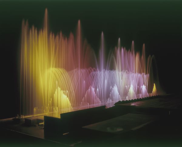 Lighted, choreographed water fountain show.
