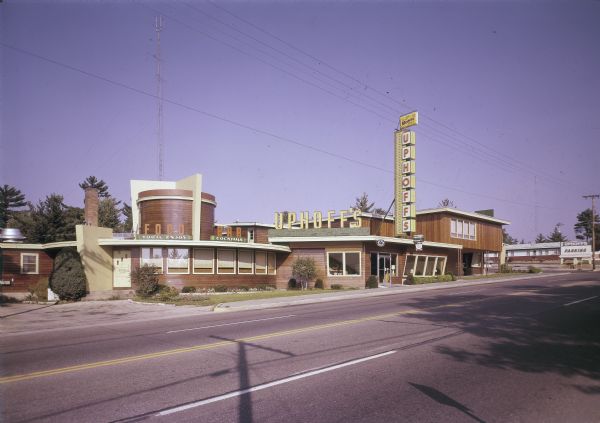 Exterior view of Uphoff's Motel taken from across the street. The image shows a round section that was part of the original building known as Uphoff's Rotunda.