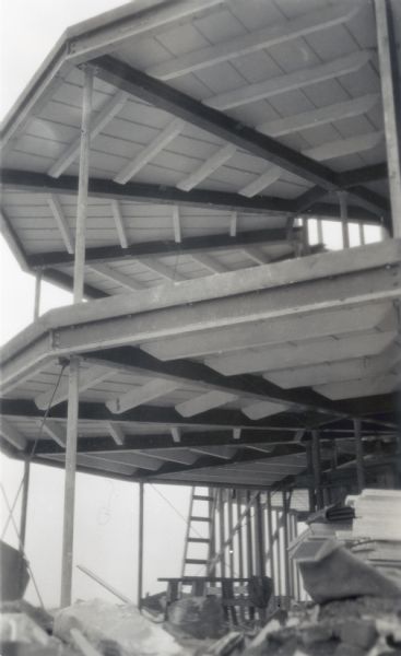 Construction detail of the House of Tomorrow showing the floor slab poured.