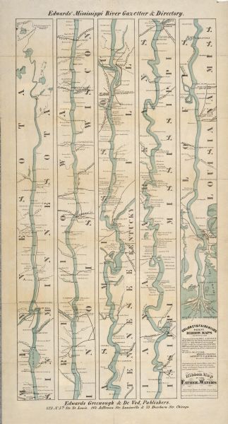 A ribbon map of the Mississippi River, prepared as a gazetteer and directory. Edwars Greenough and Devd, Publishers.