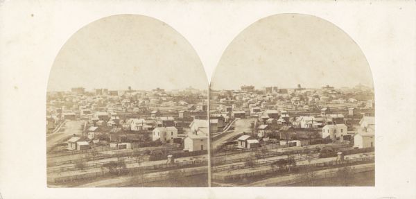 Stereograph from Spaight Street neighborhood looking toward Capitol and Bascom Hall.