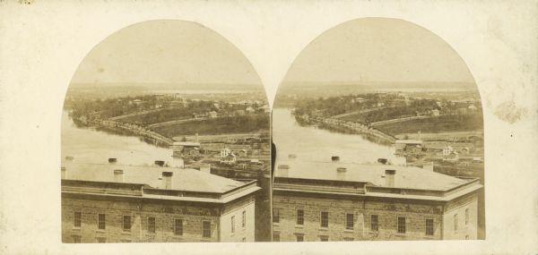 Stereograph over South Hall on the University of Wisconsin campus toward Monona Bay.
